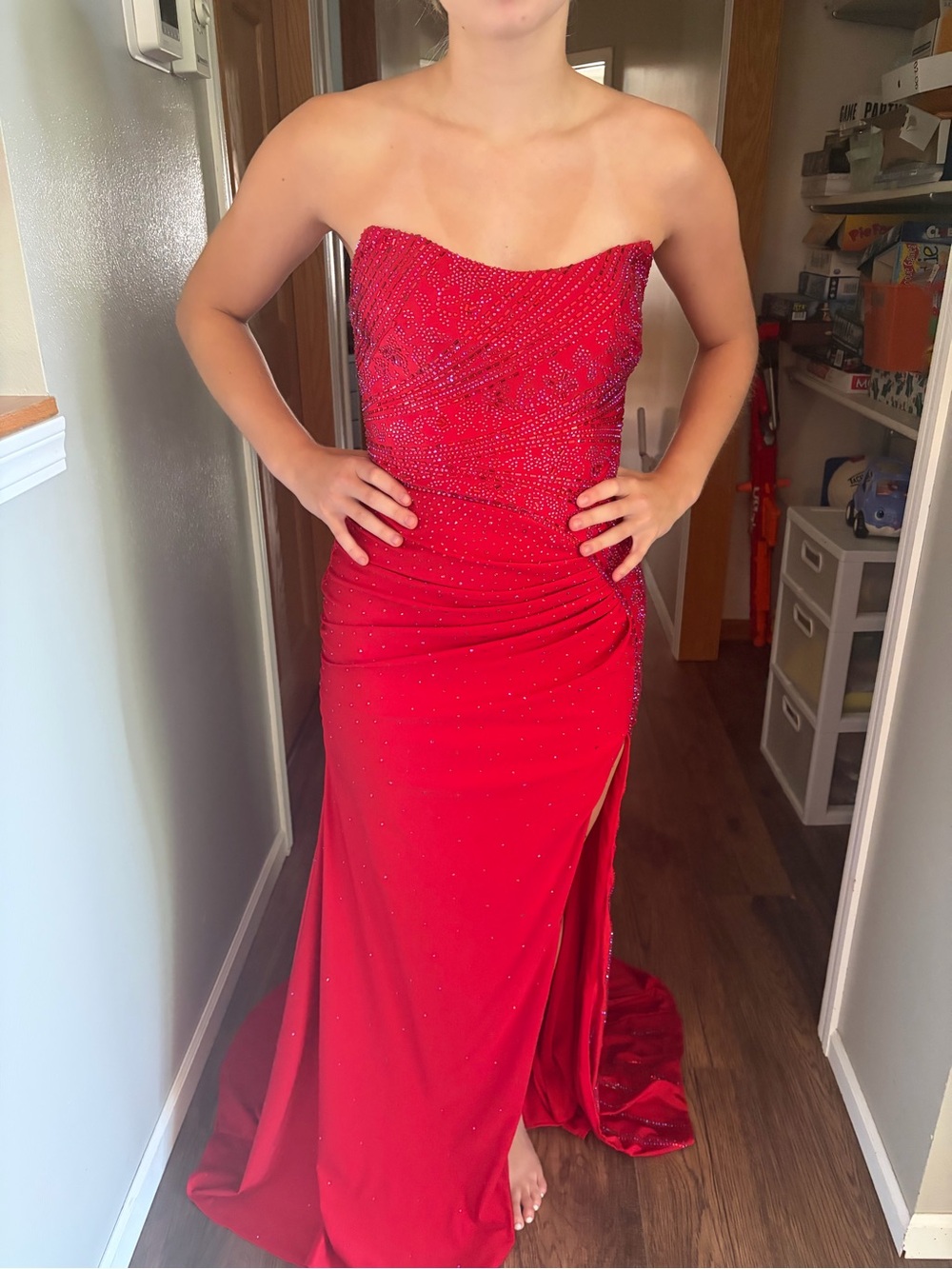 Strapless Red Beaded Evening Dress